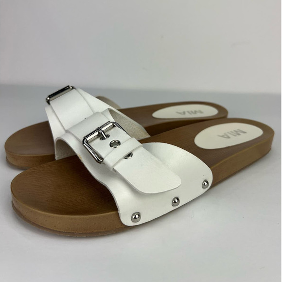 NWOT MIA Thia Bona Buckle CLOG Slide Sandal Size 10 White Faux Wood Sole - Picture 1 of 7